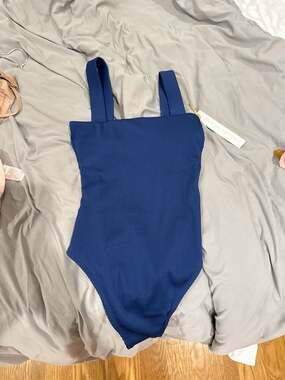 House of Harlow 1960 Blue Ribbed Square Neck One Piece Swimsuit